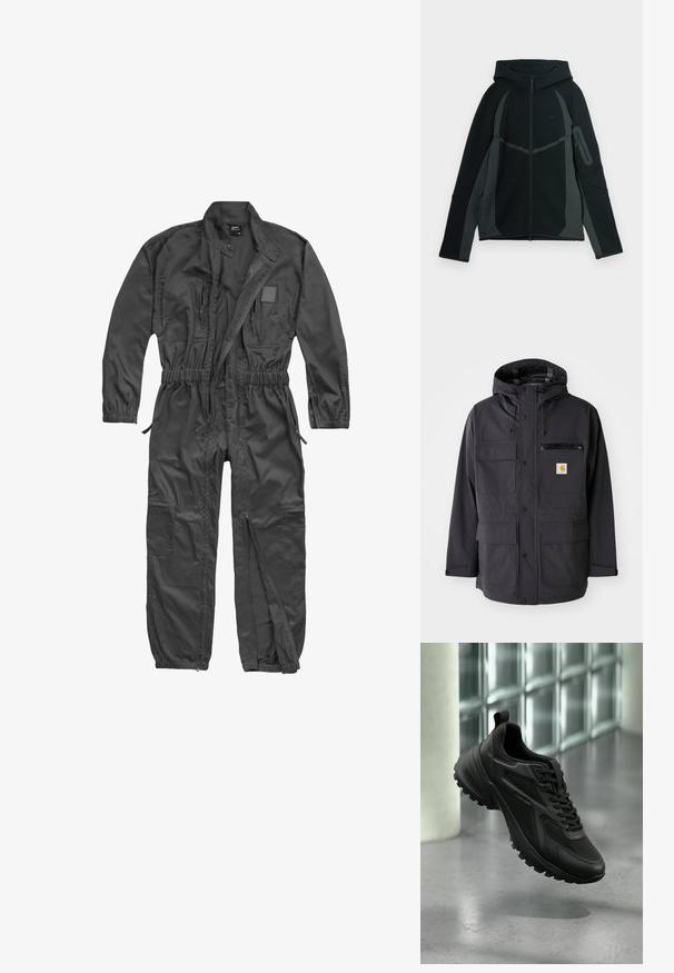 Schwarze Kapuzenjacke aus glattem Material, ausgestattet mit mehreren Vordertaschen, einer mit Reißverschluss versehenen Brusttasche und einem Logopatch.; Schwarzer Overall mit langen Ärmeln, Frontreißverschluss, elastischem Bund und Bündchen, mehreren Reißverschlusstaschen und Stehkragen mit Druckknopf.; Schwarzer und dunkelgrauer Hoodie mit einem Reißverschluss vorne, großer Kapuze und seitlicher Reißverschlusstasche. Verfügt über ein strukturiertes Design und kontrastierende Einsätze.; Schwarzer Sportschuh mit strukturierter Sohle und Schnürsenkeln, schwebend über einem grauen Boden vor einer Glasbausteinwand.