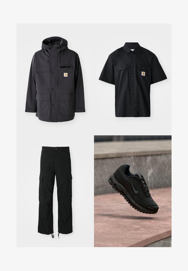 Chaqueta negra con capucha de tela suave, con múltiples bolsillos frontales, un bolsillo de pecho con cremallera y un parche de logo.; Camisa negra de manga corta hecha de tejido entrelazado, con cierre de botones en la parte delantera, dos bolsillos en el pecho y un pequeño parche de logo naranja.; Pantalones cargo negros hechos de tela durable, con dos bolsillos laterales, cierre de botón y dobladillos ajustables para un ajuste suelto y relajado.; Zapatilla deportiva negra Nike Air Max suspendida sobre una superficie de piedra con un fondo desenfocado de pared de piedra.