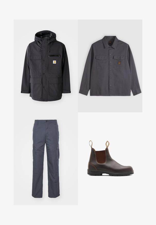 Chaqueta negra con capucha de tela suave, con múltiples bolsillos frontales, un bolsillo de pecho con cremallera y un parche de logo.; Camisa de manga larga de color gris oscuro con botones y dos bolsillos en el pecho, uno de ellos con una pequeña etiqueta negra y dorada.; Pantalones de cargo en una tela gris oscuro, con piernas anchas, múltiples bolsillos laterales y un cierre de botón en la cintura. Textura suave y diseño resistente.; Botas Chelsea de cuero marrón con paneles laterales elásticos y tiradores. Parte superior texturizada, suela de goma duradera y detalle de costura en contraste.