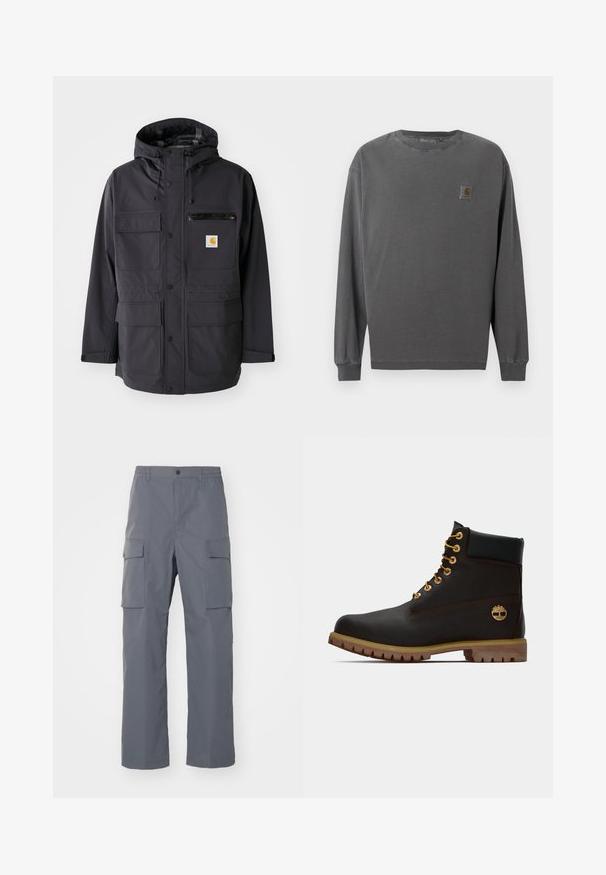 Chaqueta negra con capucha de tela suave, con múltiples bolsillos frontales, un bolsillo de pecho con cremallera y un parche de logo.; Camisa de manga larga en algodón gris oscuro. Cuenta con cuello redondo, puños elásticos y un pequeño parche con el logo cuadrado en el pecho izquierdo.; Pantalones cargo grises hechos de una tela duradera. Las características incluyen una cinturilla elástica, dos grandes bolsillos laterales y un corte recto.; Bota de cuero negro de tobillo con ojales dorados, acentos marrones y suela de goma. Presenta un cuello acolchado y un logotipo en relieve en el costado.