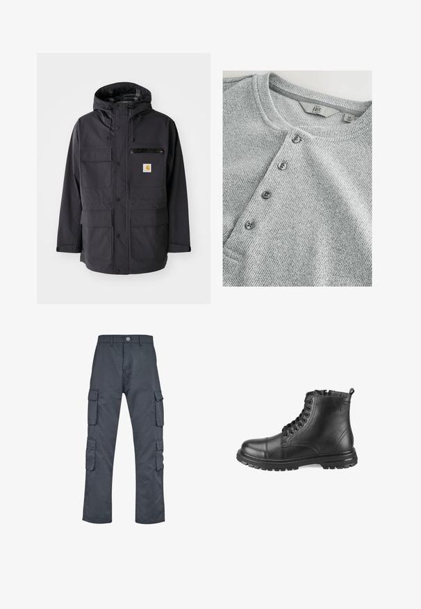 Zwarte hooded jacket van een gladde stof, met meerdere voorkruiszakken, een ritszak op de borst en een logo patch.; Grijze gebreide shirt met lange mouwen en een ronde halslijn, vijf knopen sluiting, ribbelstructuur en een slim fit ontwerp. Label geeft maat M aan.; Donkergrijze cargobroek met een rechte pasvorm, uitgerust met meerdere zijzakken en een sluiting met een knoop aan de voorkant. Gemaakt van stevige stof.; Zwarte leren enkelboots met een ronde neus, vetersluiting aan de voorkant, textuur op het oppervlak en een chunky rubberen zool met een trekhaak aan de achterkant.