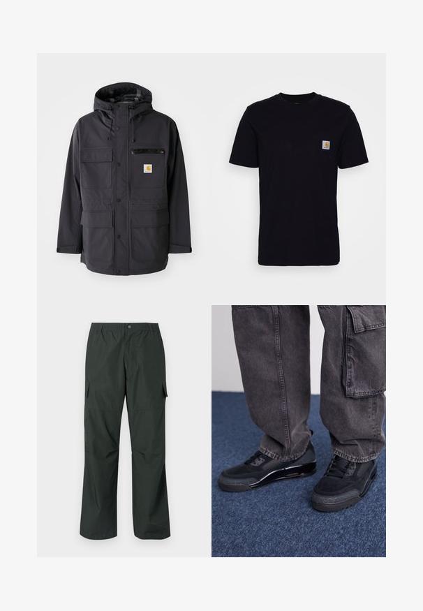 Schwarze Kapuzenjacke aus glattem Material, ausgestattet mit mehreren Vordertaschen, einer mit Reißverschluss versehenen Brusttasche und einem Logopatch.; Schwarzes Baumwoll-T-Shirt mit kurzen Ärmeln, rundem Hals und einer Brusttasche, die mit einem kleinen, quadratischen Logo-Patch versehen ist. Einfaches, einfarbiges Design.; Dunkelgrüne Cargo-Hosen mit einem lockeren Schnitt, elastischem Bund, gesteppten Taschen und einer glatten, leichten Stofftextur.; Schwarze Sportschuhe mit einer strukturierten Oberfläche, glatten Akzenten und einer chunky Sohle, kombiniert mit dunklen, lässig sitzenden Cargo-Hosen.