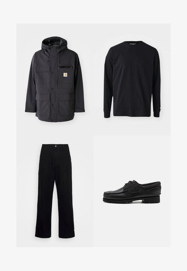 Schwarze Kapuzenjacke aus glattem Material, ausgestattet mit mehreren Vordertaschen, einer mit Reißverschluss versehenen Brusttasche und einem Logopatch.; Schwarzes Langarm-T-Shirt aus Baumwolle mit rundem Halsausschnitt und geradem Schnitt, mit einem kleinen Logodetail am Ärmel.; Schwarze Hosen aus schwerem Stoff mit geradem Beinschnitt, Fronttaschen, Reißverschluss und einem einzelnen metallischen Knopfverschluss.; Schwarzer Schuh mit einem Obermaterial aus Leder, textilen Akzenten, runden Schnürsenkeln und einer strukturierten Gummisohle. Verfügt über Mokassin-Nähte und eine Markeninschrift.