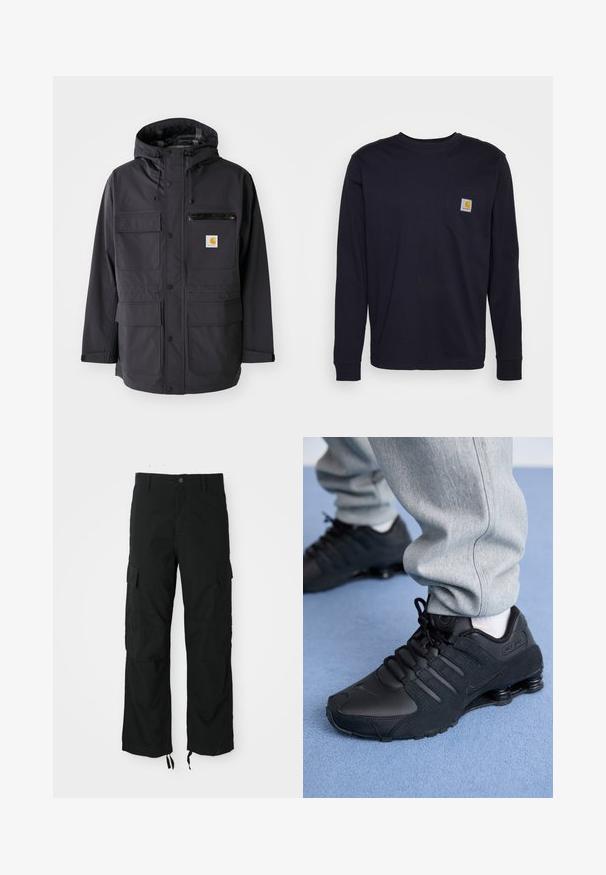 Sort hættetrøje lavet af et glat stof, med flere frontlommer, en lynlås brystlomme og et logo-patch.; Langærmet navy blå T-shirt lavet af bomuld, med en brystlomme med et logo-patch. Lige kant og ribbede manchetter.; Sorte cargo bukser lavet af slidstærkt stof, med to sidelommer, en knaplukning og justerbare nederste kanter for en løs og afslappet pasform.; Person iført sorte Nike Shox sneakers og grå joggingbukser, der står på lyseblåt tæppe.