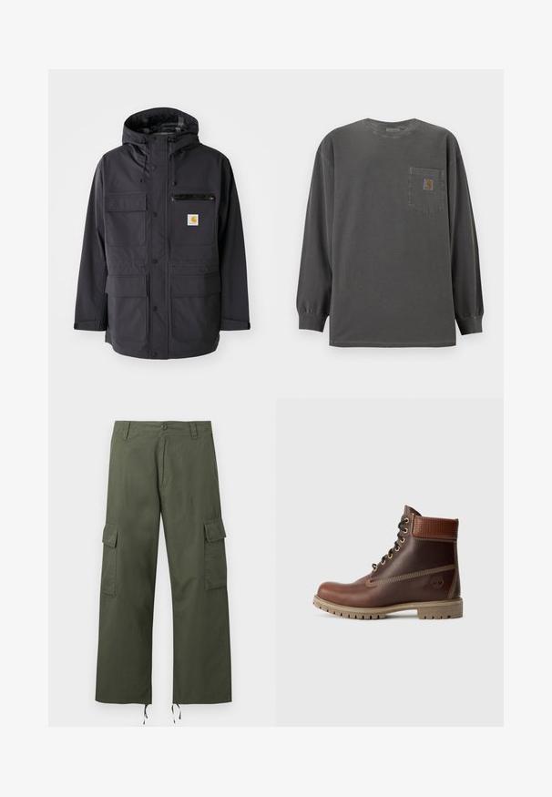 Sort hættetrøje lavet af et glat stof, med flere frontlommer, en lynlås brystlomme og et logo-patch.; Mørkegrå langærmet rundhals-shirt med brystlomme med et lille Carhartt-logo på lommen.; Olivengrønne cargobukser med sidelommer med klap, knaplukning, bæltestropper og justerbare snore i de brede bukseben.; Brun læder snørebånd ankelstøvle med polstret krave, kontrastsyning og robust sål, vist fra ydersiden på en hvid baggrund.