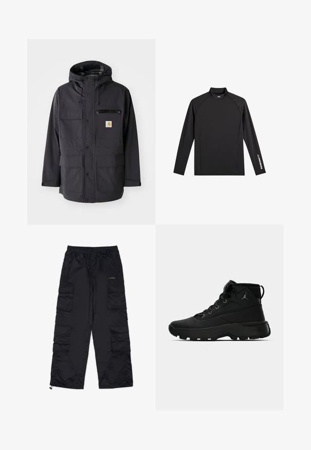Schwarze Kapuzenjacke aus glattem Material, ausgestattet mit mehreren Vordertaschen, einer mit Reißverschluss versehenen Brusttasche und einem Logopatch.; Schwarzes Langarm-Sportoberteil mit Stehkragen, schlanker Passform und weißem "J.Lindeberg"-Logo am linken Ärmel und Kragen.; Schwarze Cargo-Hosen mit einem elastischen Bund, mehreren Seitentaschen und Reißverschlussabschlüssen. Aus glattem, leichtem Material gefertigt.; Schwarze hochgeschnittene Sportschuhe mit einer strukturierten Synthetik-Oberfläche, ausgestattet mit Metallösen, schwarzen Schnürsenkeln und einer Gummisohle mit Traktionsmustern.