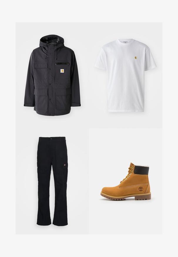 Chaqueta negra con capucha de tela suave, con múltiples bolsillos frontales, un bolsillo de pecho con cremallera y un parche de logo.; Camiseta de algodón blanca con mangas cortas, cuello redondo, que presenta un pequeño logo dorado en la parte izquierda del pecho. Textura suave y corte regular.; Pantalones cargo negros con un diseño de pierna recta, hechos de tela duradera, con bolsillos laterales y un logo de parche en el lado izquierdo.; Botín de cuero marrón con ojales de metal, forro de piel sintética blanca, cuello acolchado negro, suela resistente y logotipo en relieve en el costado.