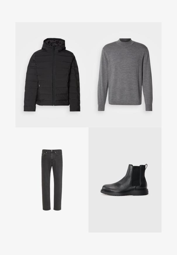 Veste matelassée noire avec capuche, dotée de coutures horizontales, fermeture éclair à l'avant et poches latérales. Texture lisse, design léger.; Pull gris à manches longues en matériau tricoté, avec un col montant et un logo discret sur la poitrine. Texture lisse et design ajusté.; Jean en denim noir à coupe droite avec fermeture avant par bouton et zip, poches avant et arrière, présenté sur fond blanc.; Bottes Chelsea en cuir noir avec une finition texturée, des panneaux latéraux élastiques et une semelle en caoutchouc robuste. Branding subtil sur le talon.