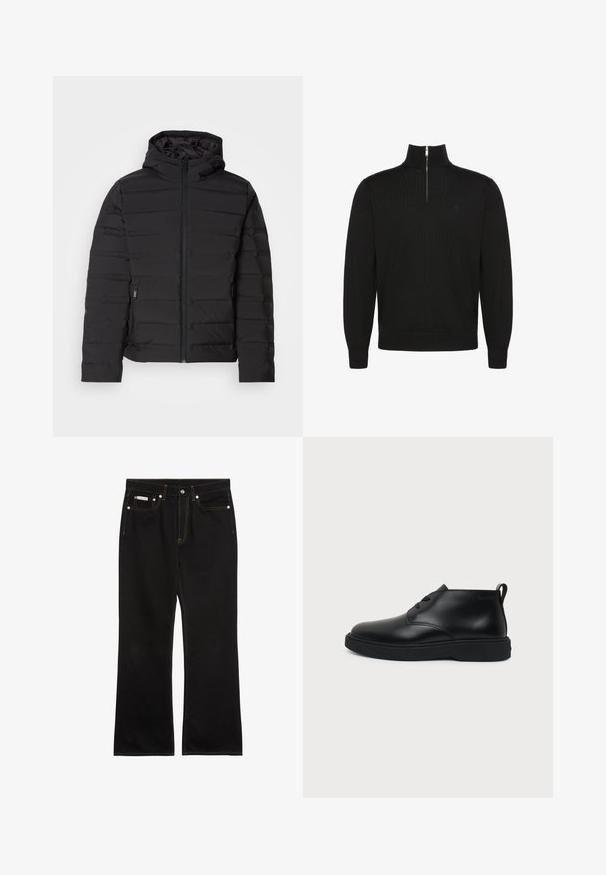 Veste matelassée noire avec capuche, dotée de coutures horizontales, fermeture éclair à l'avant et poches latérales. Texture lisse, design léger.; Pull noir à manches longues avec fermeture éclair sur le devant jusqu'à mi-hauteur, poignets et bas côtelés, avec un petit logo discret sur la poitrine.; Jean noir droit avec coutures orange, cinq poches, fermeture par bouton, et une petite étiquette Calvin Klein sur la poche avant droite.; Chaussure montante en cuir noir à lacets avec semelle épaisse en caoutchouc et languette au talon, vue de profil sur fond uni.