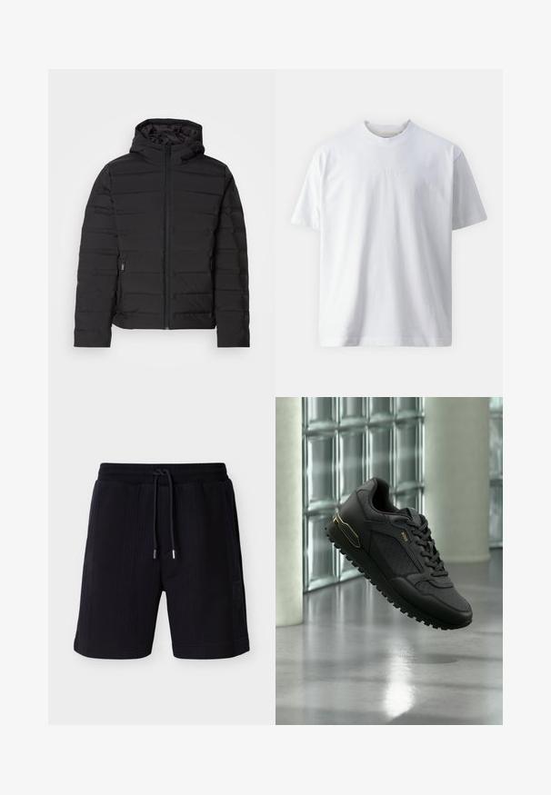 Zwarte gevoerde jack met capuchon, met horizontale naden, een ritssluiting aan de voorkant en zijzakken. Glad textuur, lichtgewicht ontwerp.; Korte mouwen witte T-shirt van katoen, met een ronde halslijn en geborduurd "GUESS JEANS" logo in het midden.; Marineblauwe korte broek met een structuur, een trekkoord in de taille, zakken aan de zijkant en een klein logo op de linkerzijde. Lengte tot halverwege de dij.; Zwarte sportieve sneaker met gestructureerde panelen, vetersluiting en gouden accent op de hiel, zwevend boven een gepolijste betonnen vloer.