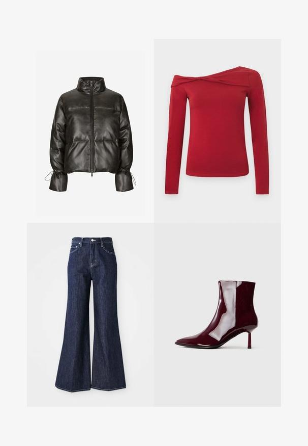 Veste matelassée en simili cuir noir avec un col montant, une fermeture éclair à l'avant et des poignets élastiques. Présente un design matelassé et des détails froncés.; Haut rouge à manches longues avec un design asymétrique décolleté épaule. Confectionné dans un matériau doux et extensible avec une texture lisse.; Jean flare en denim foncé avec taille haute, présentant une fermeture à bouton et zip. Des coutures blanches et des jambes larges créent une silhouette structurée.; Bottine brillante rouge foncé à bout pointu et talon fin mi-haut sur un fond clair.