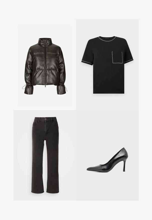 Veste matelassée en simili cuir noir avec un col montant, une fermeture éclair à l'avant et des poignets élastiques. Présente un design matelassé et des détails froncés.; T-shirt noir à manches courtes avec des surpiqûres blanches contrastantes sur le col, les bords des manches et une poche avant sur la poitrine gauche.; Jeans noirs à jambe large en denim, présentant une fermeture à bouton à l'avant, des passants de ceinture et cinq poches avec une texture légèrement délavée.; Chaussure à talon haut pour femme en cuir verni noir avec bout pointu et talon fin sur fond clair uni.