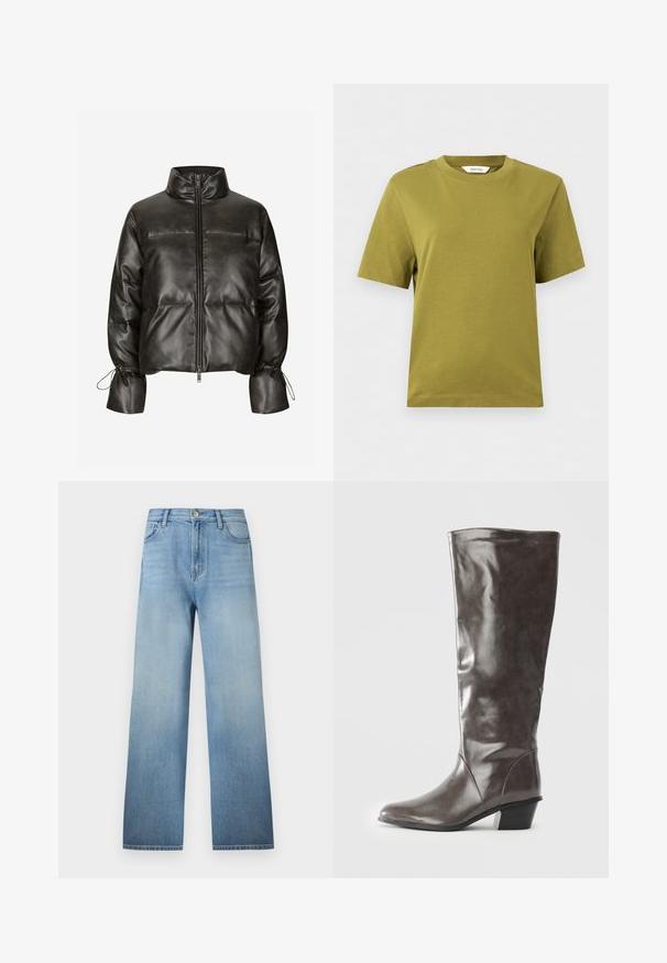 Veste matelassée en simili cuir noir avec un col montant, une fermeture éclair à l'avant et des poignets élastiques. Présente un design matelassé et des détails froncés.; T-shirt olive à manches courtes et col rond avec un ourlet droit, présenté sur un fond gris clair.; Jean bleu clair coupe droite avec design à cinq poches, passants pour ceinture, fermeture par bouton, et un léger délavage de la taille à l'ourlet.; Bottine en cuir gris foncé pour femmes grandes, avec un talon moyen et un bout arrondi, vue de côté sur fond blanc.