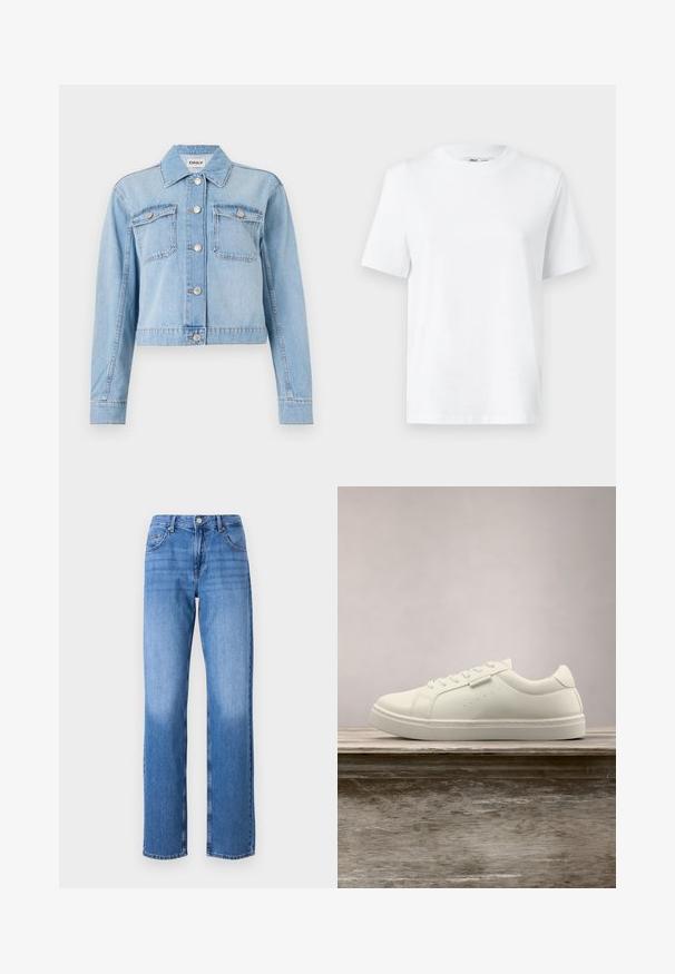 Chaqueta de denim azul claro con un diseño corto, que presenta dos bolsillos en el pecho, botones plateados y adornos de strass dispersos.; Camiseta de algodón blanca de cuello redondo con mangas cortas y una textura suave. Diseñada con un ajuste relajado para mayor comodidad y versatilidad.; Vaqueros de mezclilla azul claro con una cintura alta, diseño de pierna recta y áreas desteñidas. Cuenta con bolsillos frontales estándar y cierre de botón.; Zapatilla blanca de cuero con cordones flotando sobre un banco de madera, con hierba alta verde desenfocada al fondo en un entorno al aire libre.