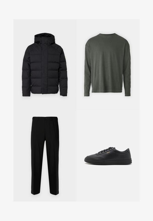 Chaqueta de plumas negra con capucha, con un diseño acolchado, cierre frontal de cremallera y puños elásticos. Textura suave, ajuste compacto.; DRYKORN MARRIO - Camiseta de manga larga - grey; Pantalones negros de tela suave, con corte recto, dos bolsillos frontales y cremallera con cierre de botón.; Zapatillas de cuero negro con una textura suave, punta redondeada, suela plana de goma y cordones a tono. Presentan el logotipo dorado "BOSS" en el lateral.