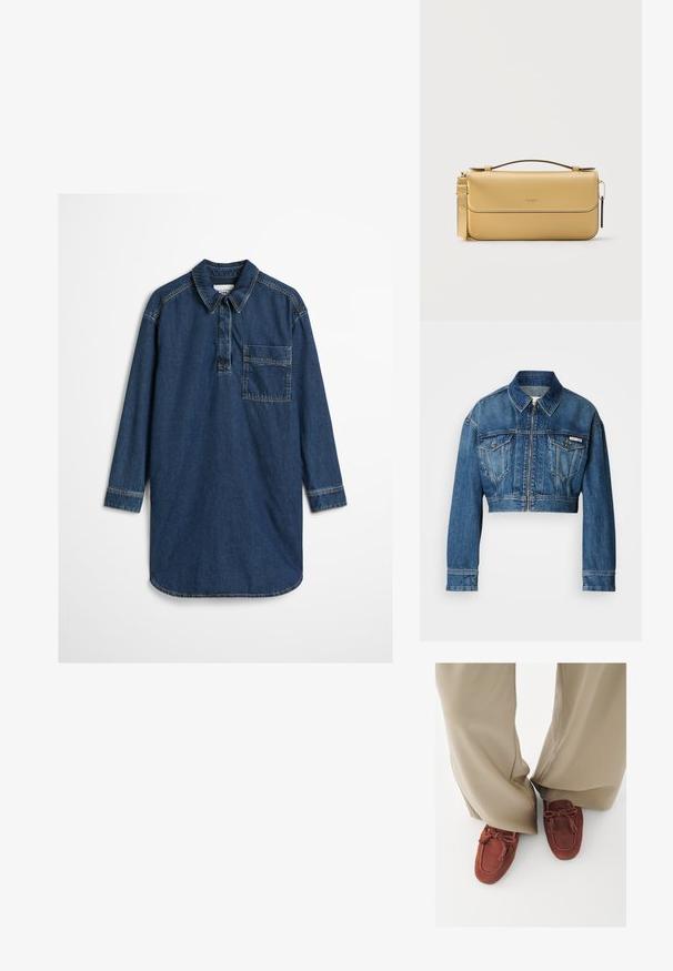 Gekürzte Jeansjacke in mittlerem Blauton. Verfügt über einen spitzen Kragen, einen Reißverschluss, zwei Brusttaschen und lange Ärmel mit Knopfdetails.; Jeanskleid in Dunkelblau mit einem Kragen, langen Ärmeln und einer Brusttasche. Der Stoff hat eine glatte Textur mit sichtbaren Nähten.; Person trägt beige, weit geschnittene Hosen und rostfarbene Wildleder-Loafer mit Quasten auf weißem Boden.; Rechteckige beigefarbene Lederhandtasche mit Tragegriff oben, abnehmbarem Handgelenksriemen und Frontklappe mit dezentem Logoprägedruck.