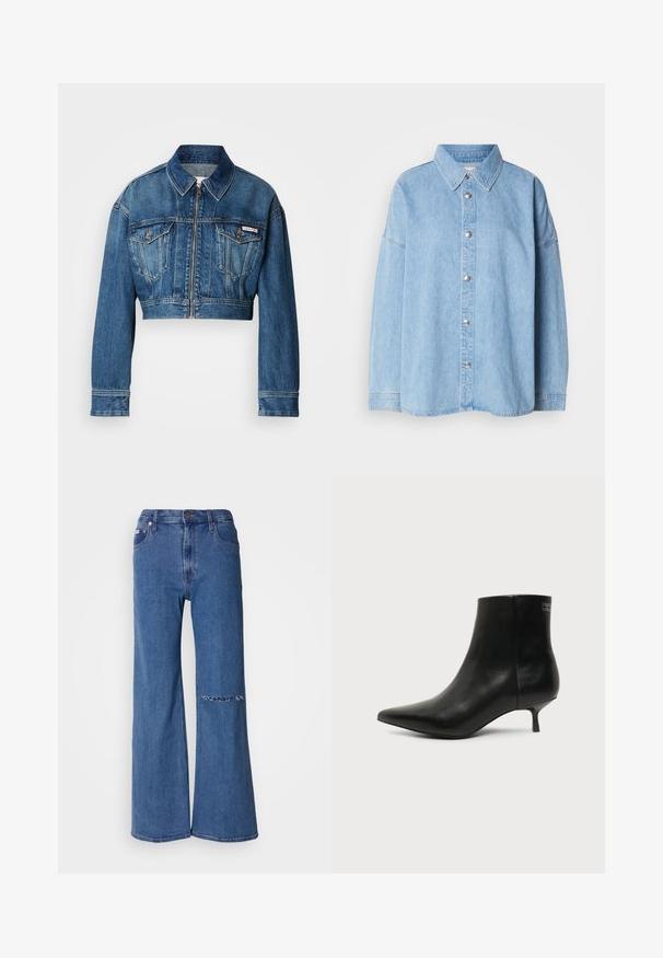 Kort denimjakke i mellemblå vask. Har en spids krave, lynlås-lukning, to brystlommer og lange ærmer med manchet-detaljer.; Lys blå denimskjorte med knaplukning foran, spredt krave og lange ærmer, der har metalknapper og en afslappet pasform.; Bredde jeans i mellemmørk blå denim, med høj talje, forlommer og et slidt lap-detalje på venstre knæ.; Sort læder ankelstøvle med spids tå og lav kitten hæl på lys baggrund, der viser yderside.