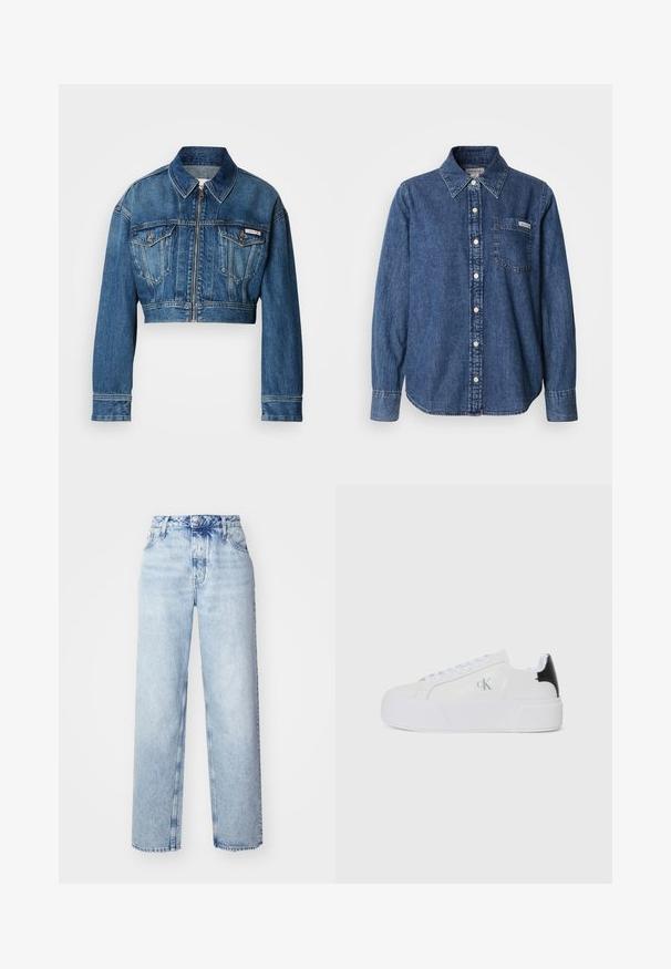 Kort denimjakke i mellemblå vask. Har en spids krave, lynlås-lukning, to brystlommer og lange ærmer med manchet-detaljer.; Blå denimskjorte med lange ærmer, knaplukning foran, krave, enkelt brystlomme og diskrete syningsdetaljer. Glat tekstur og afslappet pasform.; Lyseblå højtaljede jeans med løs pasform, der har lige ben, fem lommer og en klassisk knap- og lynlåslukning.; Calvin Klein Jeans Sneakers - bright white/black