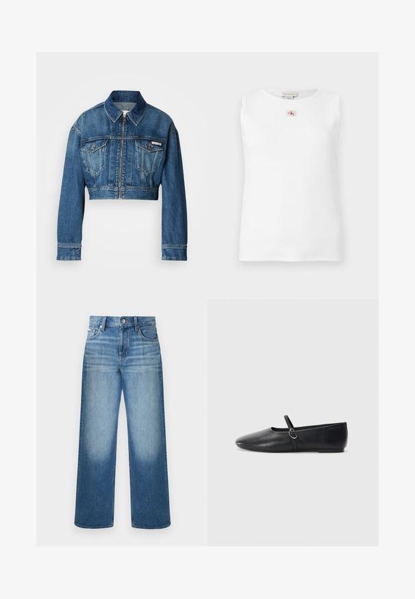 Gesneden spijkerjack in medium gewassen blauw. Beschikt over een puntige kraag, ritssluiting, twee borstzakken en lange mouwen met manchetdetails.; Witte mouwloze geribbelde tanktop met een klein rood en zwart Calvin Klein-logo gecentreerd net onder de halslijn.; Blauwe straight-leg spijkerbroek met knoop- en ritssluiting, ontwerp met vijf zakken en vervaagde wassing op dijen en knieën.; Zwarte leren balletschoenen met een spitse neus, platte zool en een kleine strap met een zilveren gespsluiting.