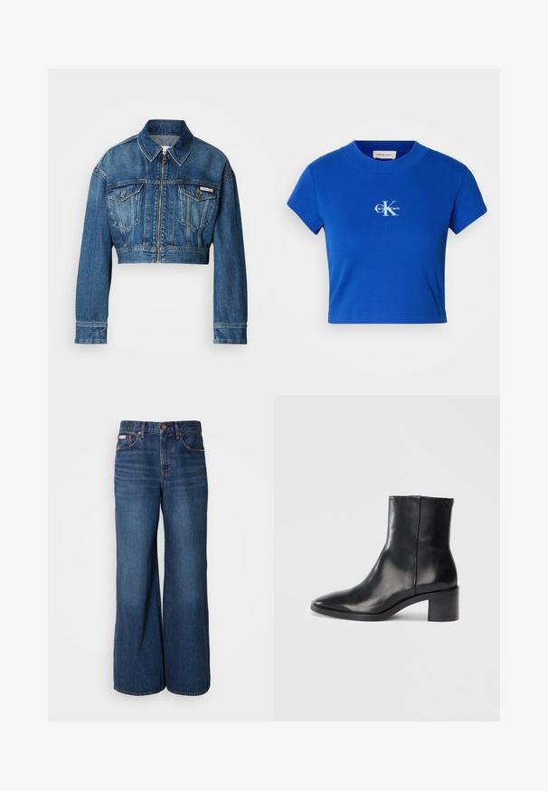Kort denimjakke i mellemblå vask. Har en spids krave, lynlås-lukning, to brystlommer og lange ærmer med manchet-detaljer.; Lyseblå cropped t-shirt med et hvidt "CK" logo og teksten "Calvin Klein", korte ærmer og rund halsudskæring.; Bredde jeans lavet af mørkeblåt denim. Funktioner inkluderer en høj talje, fem lommer og kontrasterende orange syninger langs sømmene.; Sorte læderankelstøvle med spids tå, lav blokhæl og subtilt præget logo. Glat tekstur med et elegant design og minimal søm.