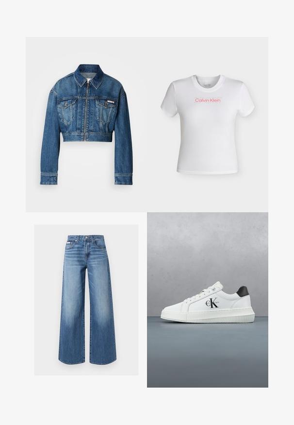 Gekürzte Jeansjacke in mittlerem Blauton. Verfügt über einen spitzen Kragen, einen Reißverschluss, zwei Brusttaschen und lange Ärmel mit Knopfdetails.; Weißes kurzärmeliges, bauchfreies T-Shirt mit rundem Ausschnitt, mit rotem "Calvin Klein"-Logo und schwach sichtbarem "SPORT"-Schriftzug darüber auf der Brust.; Blaue Jeans mit weitem Bein, vorderem Knopf und Reißverschluss, Fünf-Taschen-Stil und dezenten ausgebleichten Details an Oberschenkeln und Knien.; Weiße Low-Top-Sneaker mit schwarzem Fersenpatch, Plateau-Sohle, Schnürsenkeln und Calvin Klein "CK"-Logo an der Seite.