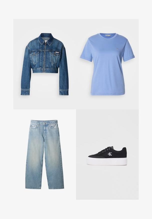 Gekürzte Jeansjacke in mittlerem Blauton. Verfügt über einen spitzen Kragen, einen Reißverschluss, zwei Brusttaschen und lange Ärmel mit Knopfdetails.; Hellblaues T-Shirt aus weicher Baumwolle mit kurzen Ärmeln, Rundhalsausschnitt und kleinem gesticktem Logo auf der Brust. Einfarbige, schlichte Textur, legerer Schnitt.; Hellblaue Jeans mit weitem Bein, vorderem Knopf, Reißverschluss, Gürtelschlaufen und Calvin Klein-Logo auf der kleinen vorderen Tasche.; Schwarze Leinensneaker mit dickem weißen Plateausohle, ausgestattet mit Metallösen und einem gestickten Logo an der Seite. Flache Schnürung.
