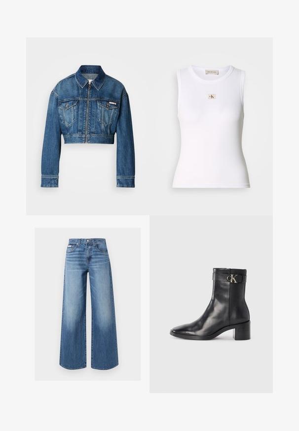 Gekürzte Jeansjacke in mittlerem Blauton. Verfügt über einen spitzen Kragen, einen Reißverschluss, zwei Brusttaschen und lange Ärmel mit Knopfdetails.; Weißes geripptes ärmelloses Tanktop mit Calvin Klein Jeans-Label auf der Brust und innerem Nackenetikett.; Blaue Jeans mit weitem Bein, vorderem Knopf und Reißverschluss, Fünf-Taschen-Stil und dezenten ausgebleichten Details an Oberschenkeln und Knien.; Schwarze Leder-Ankle Boots mit spitzem Zehenbereich, Blockabsatz und einem Riemen mit einem metallischen Logodetail. Glatte Textur und minimales Design.