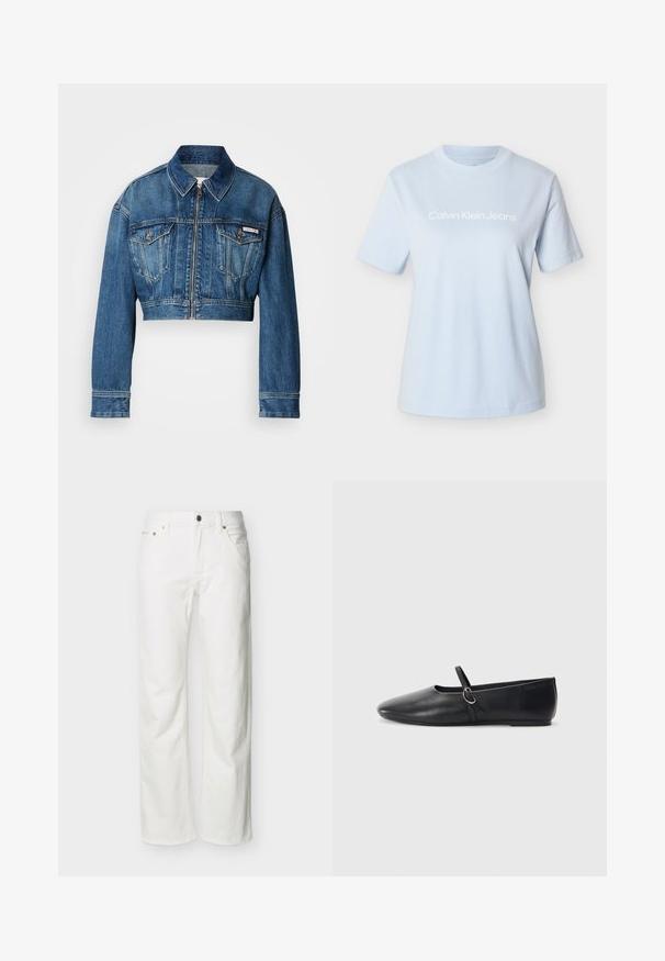 Gesneden spijkerjack in medium gewassen blauw. Beschikt over een puntige kraag, ritssluiting, twee borstzakken en lange mouwen met manchetdetails.; Lichtblauw katoenen T-shirt met korte mouwen en een ronde hals, met het 'Calvin Klein Jeans' logo duidelijk zichtbaar in het wit.; Witte jeans met rechte pijpen, voorzakken, riemlussen, knoopsluiting en zichtbare stiksels tegen een effen achtergrond.; Zwarte leren balletschoenen met een spitse neus, platte zool en een kleine strap met een zilveren gespsluiting.