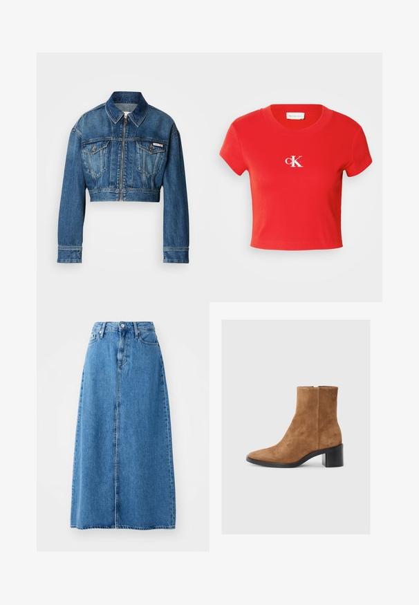 Veste en denim coupée dans un bleu délavé moyen. Elle possède un col pointu, une fermeture éclair, deux poches poitrine et des manches longues avec des détails de poignet.; T-shirt rouge raccourci en tissu côtelé, avec un col rond et des manches courtes. Affiche un logo blanc au niveau de la poitrine.; Jupe maxi en denim bleu avec une fermeture à boutons à l'avant, deux poches et un design droit avec un ourlet brut. Classique et polyvalente.; Bottine en suede marron avec un bout pointu, un talon moyen rectangulaire et un discret logo en relief. Fermeture éclair sur le côté.