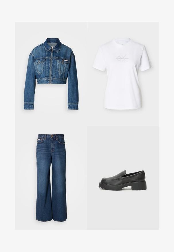 Gekürzte Jeansjacke in mittlerem Blauton. Verfügt über einen spitzen Kragen, einen Reißverschluss, zwei Brusttaschen und lange Ärmel mit Knopfdetails.; Weißes Baumwoll-T-Shirt mit kurzen Ärmeln, vorne ein graues Logo, rundem Ausschnitt und klassischer Passform.; Weite Jeans aus dunkelblauem Denim. Merkmale sind eine hohe Taille, fünf Taschen und kontrastierender orangefarbener Stitching entlang der Nähte.; Schwarze Lederloafer mit einer abgerundeten Spitze, dicker strukturierten Laufsohle und minimalen Nähten. Schlankes Design ohne sichtbare Schnürsenkel oder Beschläge.
