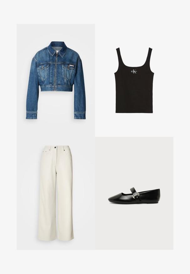 Veste en denim coupée dans un bleu délavé moyen. Elle possède un col pointu, une fermeture éclair, deux poches poitrine et des manches longues avec des détails de poignet.; Débardeur noir côtelé avec larges bretelles et logo Calvin Klein blanc au centre de la poitrine, sur fond blanc.; Pantalons larges de couleur crème en tissu lisse. Dotés d'une taille mi-haute, d'une fermeture éclair et de deux poches avant avec des accents en matériel noir.; Chaussure plate Mary Jane en cuir noir avec bout arrondi et bride à boucle argentée sur fond uni.