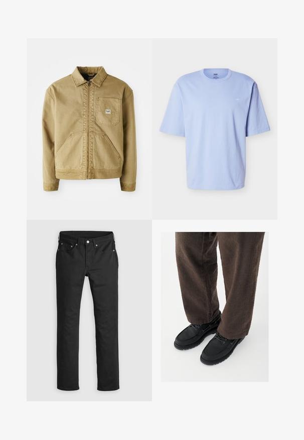 Tan jas met een ritssluiting aan de voorkant, spitse kraag, borstzak en grote zijzakken. Gemaakt van stevig materiaal met zichtbare stikseldetails.; Lichtblauw T-shirt met korte mouwen, ronde hals, een losse pasvorm en een subtiel klein logo op de linkerborst.; Zwarte denim broeken met een rechte pasvorm, voorzien van een ritssluiting, vijf zakken en metalen knopen. Glad textuur.; Zwarte leren schoenen met een gladde afwerking, ronde neus en vetersluiting, gecombineerd met textuurrijke bruine broek. Vanuit een laag perspectief gezien.