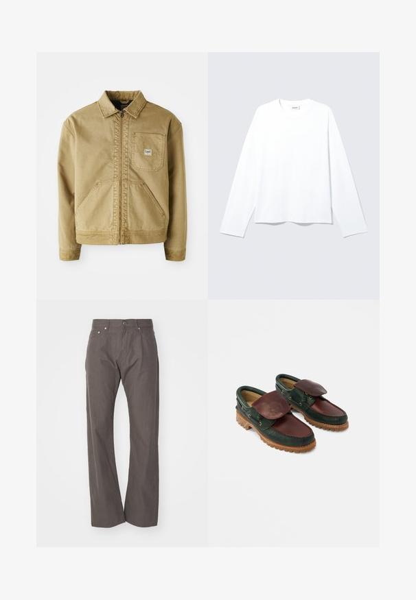 Beige Jacke mit Reißverschluss, spitzem Kragen, Brusttasche und großen seitlichen Taschen. Hergestellt aus robuster Stoff mit sichtbaren Nähten.; Schlichtes weißes Langarmshirt mit Rundhalsausschnitt und lockerer Passform, mit sichtbarem Markenlabel am Kragen, flach auf hellem Hintergrund liegend.; Weekday SPACE RELAXED STRAIGHT - Stoffhose - dark mole; Lederschuhe mit einem dunkelgrünen Oberteil und einem bordeauxroten oberen Teil, runder Spitze, gesichertem Klappverschluss und einer strukturierten Gummisohle mit Rillen.