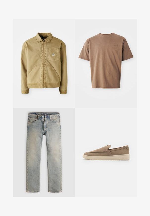 Tan jas met een ritssluiting aan de voorkant, spitse kraag, borstzak en grote zijzakken. Gemaakt van stevig materiaal met zichtbare stikseldetails.; Bruine katoenen t-shirt met ronde hals, korte mouwen en een discreet geborduurd logo op de linkerborst. Soepele structuur, relaxte pasvorm.; Lichtblauwe denim jeans met knoopsluiting, voorzakken en riemlussen, plat op een witte achtergrond gelegd.; Instapschoen van taupe suede, met een soepele textuur, minimalistisch ontwerp en een beige rubberen zool met subtiele gripdetails.