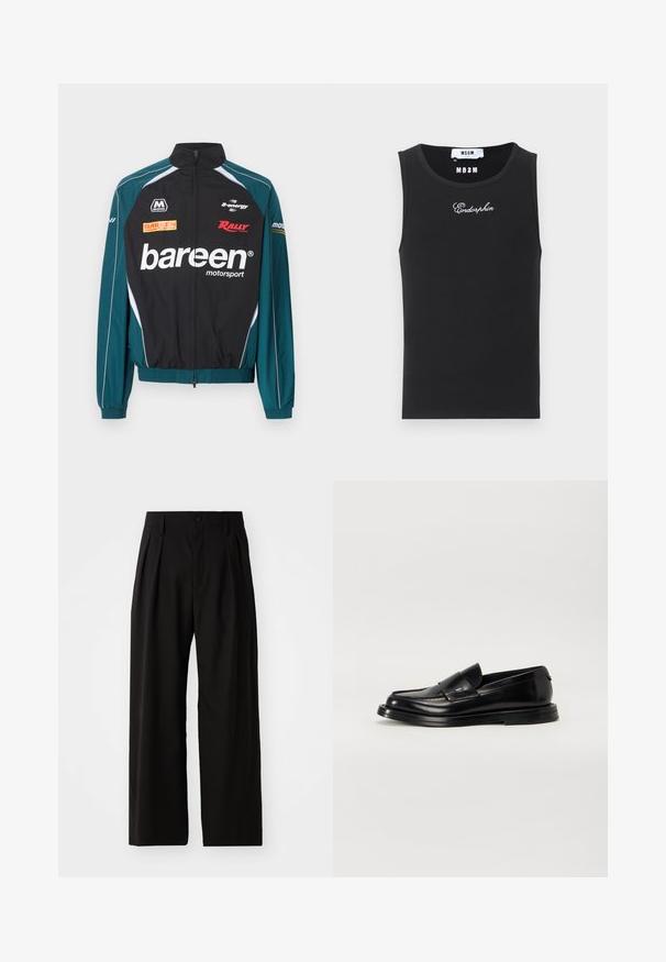 Veste de sport automobile noire et bleu sarcelle avec fermeture éclair intégrale à l'avant, logos "bareen", "Rally" et "B-energy" sur le devant et les manches.; Débardeur noir sans manches en tissu côtelé avec le texte "Endorphin" brodé en blanc et une étiquette de marque MSGM au niveau de l'encolure.; Pantalons larges noirs avec une texture lisse, dotés de deux plis avant, d'une fermeture à bouton et de poches latérales. Tissu durable.; The Antipode COLLEGE - Mocassins - black