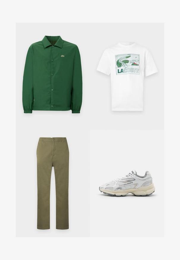Grøn jakke med krave, frontknaplukning og elastiske ærmer. Har et lille broderet logo på venstre bryst. Glat tekstur.; Hvid T-shirt med korte ærmer med grøn og pink broderet krokodillemotiv og teksten "LACOSTE" på et ternet baggrund foran.; Olivengrønne, lette bomuldsbukser med elastik i taljen, lukning med knap og lige ben. Ingen synlige mønstre eller detaljer.; Hvide sportssko med grå detaljer, overdel i mesh og syntetiske materialer, snørebåndsdesign og tekstureret gummisål med grebemønstre.
