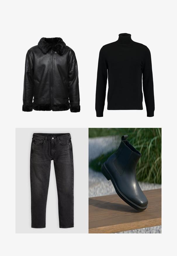 Sort kunstlæderjakke med en pelskrave, lynlås lukning og to sidelommer. Har en tekstureret overflade og kunstpelskant forneden.; Sort turtleneck sweater lavet af et blødt strikmateriale. Har lange ærmer, ribbet krave og kant. Enkel, slank design uden mønstre.; Sorte slim-fit denimjeans med fem lommer, bæltestropper og lukning med knap og lynlås foran, lagt fladt på en lys baggrund.; Sort læder ankelstøvle med en glat overflade, elastiske sider og et løkkeagtigt trækstrop, der hviler på en træoverflade mod en sløret baggrund.
