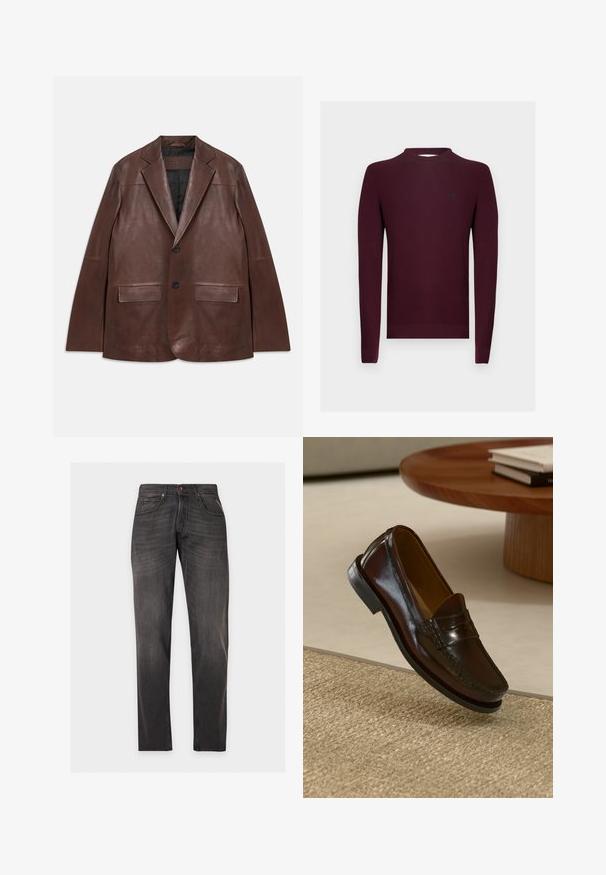 Mørkebrun læderblazer med spidse klapper, to sorte knapper, klaplommer og sort foring, lagt fladt på hvid baggrund.; Vinrød strikket sweater med lange ærmer, ribbet struktur og rund halsudskæring. Lille logo på venstre bryst.; Sorte, vaskede, straight-leg jeans med fem lommer og knaplukning på en ensartet lys baggrund.; Brune læder loafers med en blank overflade, der har en syet detalje over fronten og en lavprofil sort gummisål.
