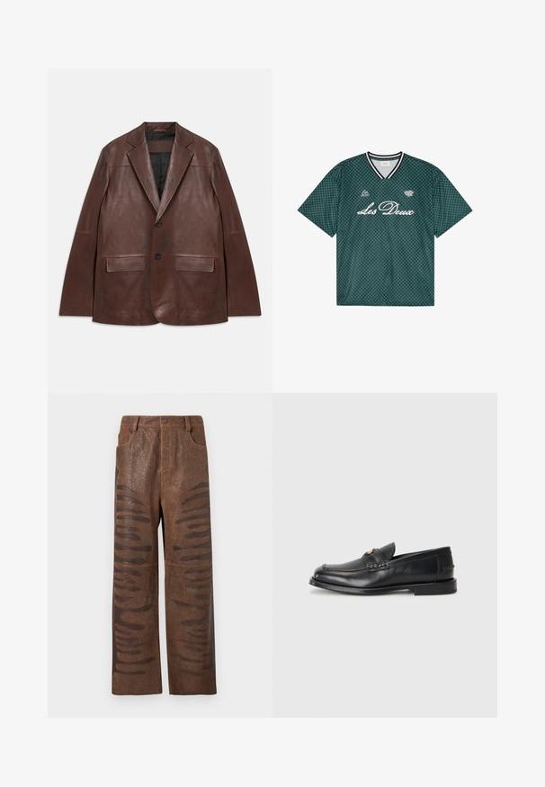 Blouson en cuir marron foncé avec revers en trou de serrure, deux boutons noirs, poches à rabat et doublure intérieure noire, posé à plat sur fond blanc.; Maillot de sport à manches courtes à carreaux verts et noirs avec col en V et texte blanc "Les Deux" et "Est. 2011" sur le devant.; Pantalons en simili cuir marron avec une finition texturée, dotés de découpes horizontales allongées le long des côtés et d'un design à jambes droites.; Des mocassins en cuir noir présentent un bout arrondi, des détails cousus et un petit accent doré à l'avant. La semelle est plate et discrète.