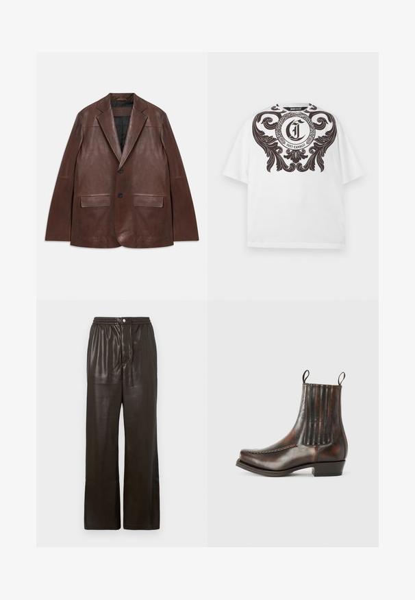 Mørkebrun læderblazer med spidse klapper, to sorte knapper, klaplommer og sort foring, lagt fladt på hvid baggrund.; Hvid kortærmet t-shirt med stort sort ornamentalt scroll-design og cirkulært logo med sammenflettet slange og teksten "Just Cavalli" på brystet.; Mørkebrune faux læder bukser med elastisk talje, frontknaplukning og brede lige ben.; Brun læder ankelstøvle med en glat overflade, elastiske sidepaneler, en rund tå, dekorativ syning og en lav blokhæl.
