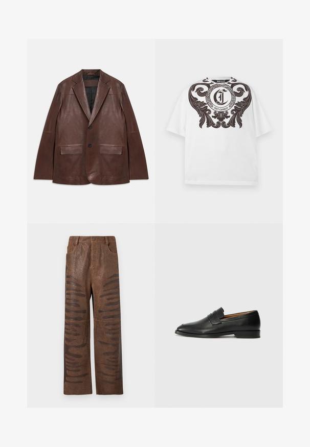 Mørkebrun læderblazer med spidse klapper, to sorte knapper, klaplommer og sort foring, lagt fladt på hvid baggrund.; Hvid kortærmet t-shirt med stort sort ornamentalt scroll-design og cirkulært logo med sammenflettet slange og teksten "Just Cavalli" på brystet.; Brune faux læderbukser med en struktureret finish, der har forlængede horisontale udskæringer langs siderne og et lige ben-design.; Sort læder loafer med rund tå, diskret syning, og lav hæl, der har en glat tekstur og minimalistisk design.