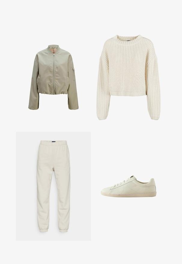 Kapuzenbomberjakke i lys beige med lynlås foran, ståkrave og sidelommer med en struktureret stoffer finish. Elastisk bund.; Chunky strik creme trøje med rund halsudskæring, brede ærmer, ribbede manchetter og et struktureret mønster. Korte design.; Cremefarvede sweatpants lavet af blødt materiale, med elastisk talje, sidelommer og manchetter ved anklerne.; Lavskaftet hvid lædersneakers med tekstureret overflade, snørelukning og en beige gummisål, vist fra siden på en hvid baggrund.