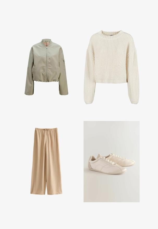 Kapuzenbomberjakke i lys beige med lynlås foran, ståkrave og sidelommer med en struktureret stoffer finish. Elastisk bund.; Chunky strik creme trøje med rund halsudskæring, brede ærmer, ribbede manchetter og et struktureret mønster. Korte design.; Nudemalet bukser med vide ben lavet af blødt, let stof, med elastik i taljen og snor samt en afslappet pasform.; Lys beige sportsko lavet af syntetisk materiale, med en glat overflade, snørebåndsdesign og subtile syninger.