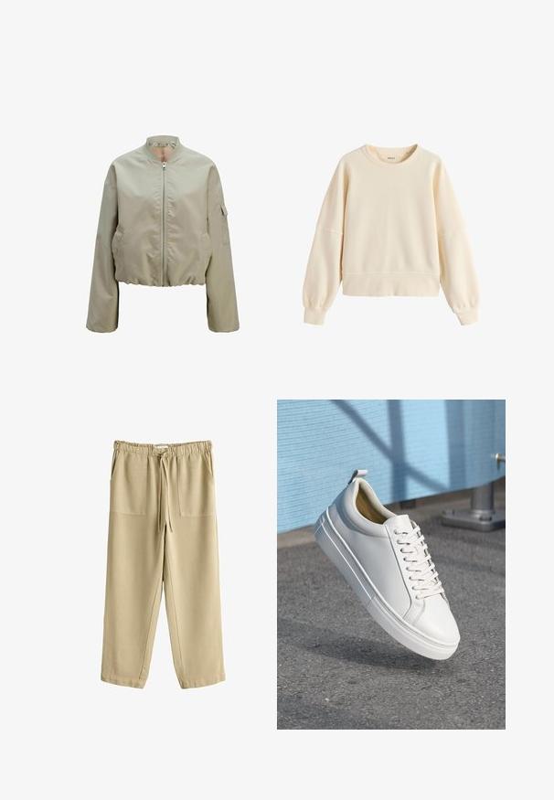 Kapuzenbomberjakke i lys beige med lynlås foran, ståkrave og sidelommer med en struktureret stoffer finish. Elastisk bund.; Kremfarvet sweatshirt med rund halsudskæring, lange ballonærmer og ribstrikkede manchetter og kant, enkel casual stil.; Beige afslappede bukser med elastisk taljebånd, snørelukning og to forlommer med lapper, vist på en hvid baggrund.; Hvide lædersneakers med flade snørebånd, rund tå, gummisål og en lille løkke ved hælen. Glat tekstur med minimale designdetaljer.