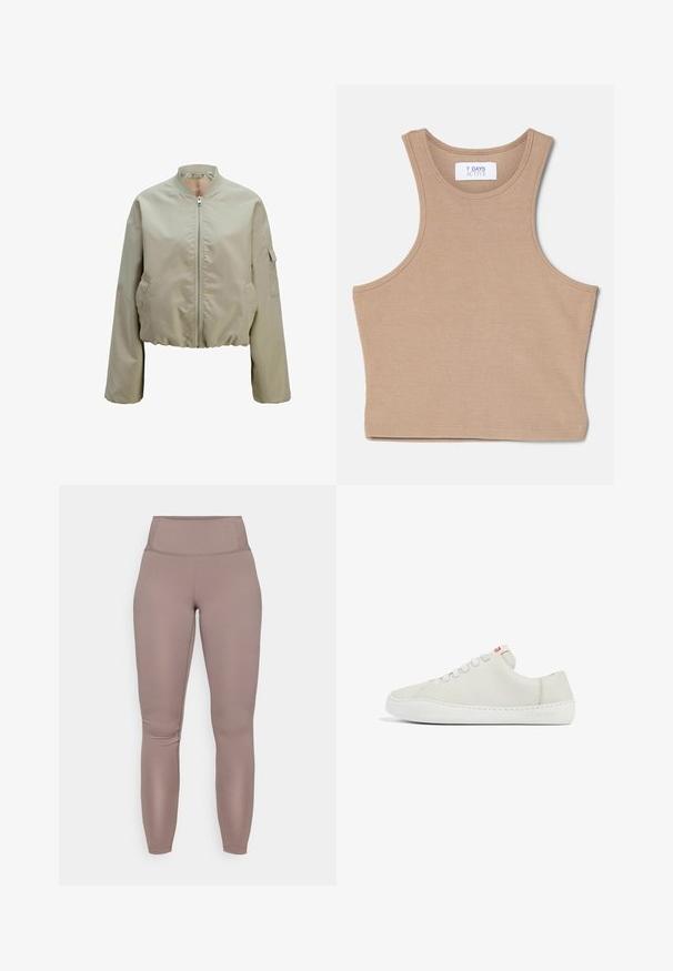 Kapuzenbomberjakke i lys beige med lynlås foran, ståkrave og sidelommer med en struktureret stoffer finish. Elastisk bund.; 7 DAYS Active CROPPED - Top - mountain trail; Højtaljede, tætsiddende leggings i en ensfarvet taupe farve, med glat, strækbart stof og et rent, sømløst design.; Hvide lædersneakers med lav profil, rund tå, flad snørebåndslukning og hvid gummisål. Udstyret med diskret syning og et lille logo.