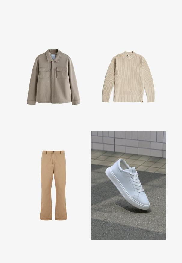 Veste en toile beige avec un col, fermeture à boutons à l'avant et deux poches poitrine. Fabriquée en tissu tissé avec des détails de couture remarquables.; Pull en maille côtelée beige avec manches longues et col rond, posé à plat sur un fond blanc.; Pantalons en coton beige à coupe droite, dotés d'une fermeture à bouton, de poches avant et d'une texture lisse.; Baskets basses blanches à lacets flottant au-dessus d’un bitume texturé et d’une surface carrelée beige en arrière-plan.
