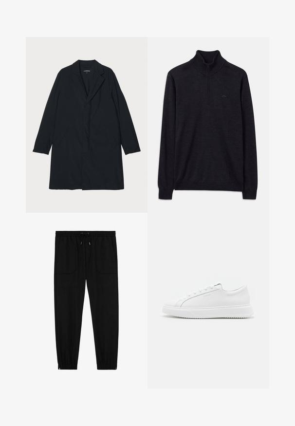 Sort lang frakke med klapkrave, lavet af letvægtsmateriale, med sidelommer og en lige silhuet. Glat tekstur, minimalistisk design.; Sort langærmet sweater med ribbet høj krave og halv lynlås, med et subtilt logo på venstre bryst.; Sorte joggingbukser med elastik i taljen, snøre, forlommer med lapper og elastiske manchetter på hvid baggrund.; Hvide sneakers lavet af glat syntetisk materiale. Har et lavt design, forhøjet hvid sål, rund tå og snørebånd foran med fem snøre-huller.