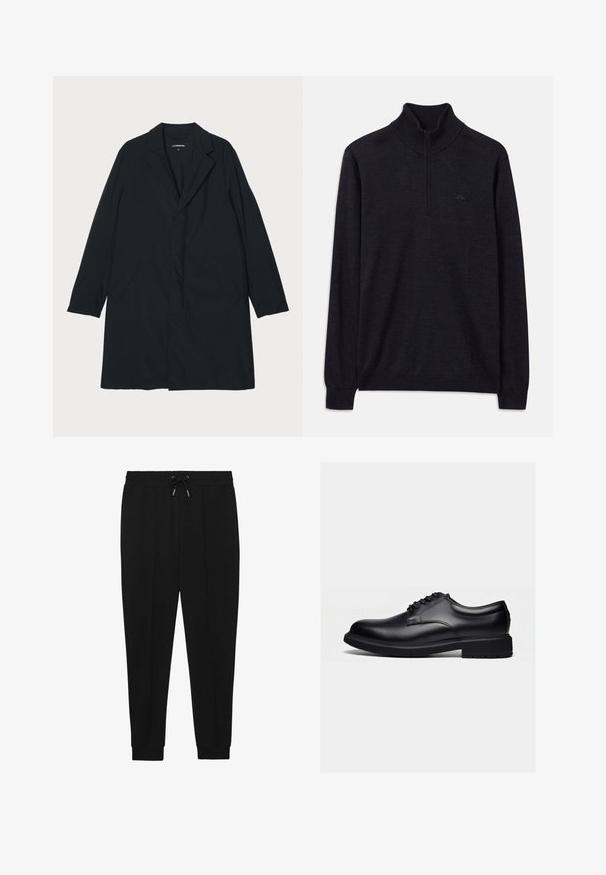 Sort lang frakke med klapkrave, lavet af letvægtsmateriale, med sidelommer og en lige silhuet. Glat tekstur, minimalistisk design.; Sort langærmet sweater med ribbet høj krave og halv lynlås, med et subtilt logo på venstre bryst.; Sorte træningsbukser med snøre i taljen, tapered ben og ribbede manchetter. Fremstillet af et blødt stof med en glat tekstur.; Sort poleret lædersko med snøredesign og tyk gummisål, vist fra siden på en ensartet lys baggrund.