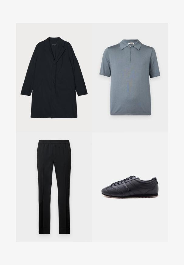 Zwarte lange jas met een geknipte kraag, gemaakt van lichtgewicht materiaal, voorzien van zijzakken en een rechte silhouet. Glad textuur, minimalistisch ontwerp.; Grijs poloshirt met korte mouwen, een kraag en een rits aan de voorkant, weergegeven op een witte achtergrond.; Zwarte broek met een elastische tailleband, rechte pijpen en een zachte textuur. Heeft strakke lijnen en geen zichtbare zakken of versieringen.; Zwarte lage sneaker met vetersluiting, gestikte paneelontwerp, gestructureerde zool en "ICEBERG"-logo op de zijkant, afgebeeld tegen een lichte achtergrond.