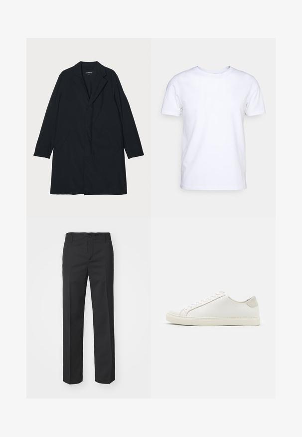 Sort lang frakke med klapkrave, lavet af letvægtsmateriale, med sidelommer og en lige silhuet. Glat tekstur, minimalistisk design.; Hvid kortærmet t-shirt i bomuldsstof med rund halsudskæring. Enkel design uden mønstre eller detaljer. Glat tekstur.; Filippa K TROY TROUSERS - Bukser - black; Hvide lædersneakers med en glat overflade, rund tå og minimalistisk design. Funktioner i beige nuancer på hælen og en gummisål.